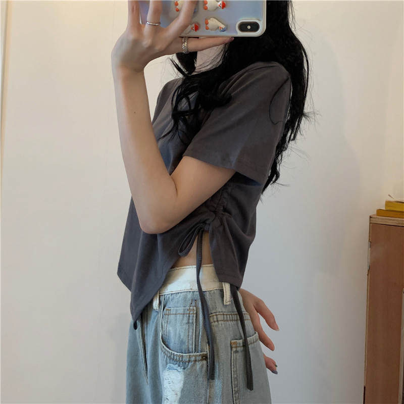 6778#Irregular drawstring short-sleeved T-shirt for women summer Korean style all-match hot girl top