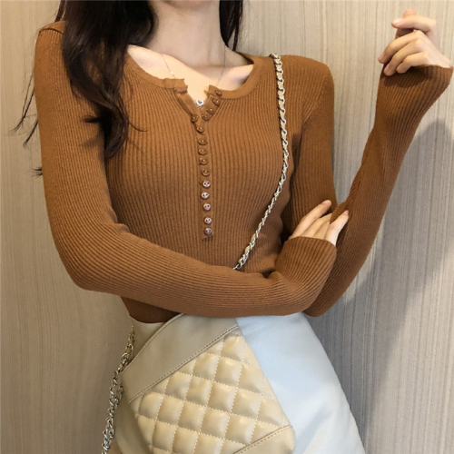 Autumn Korean chic versatile V-Neck long sleeve Pullover bottomed sweater slim and thin elastic T-Shirt Top Women