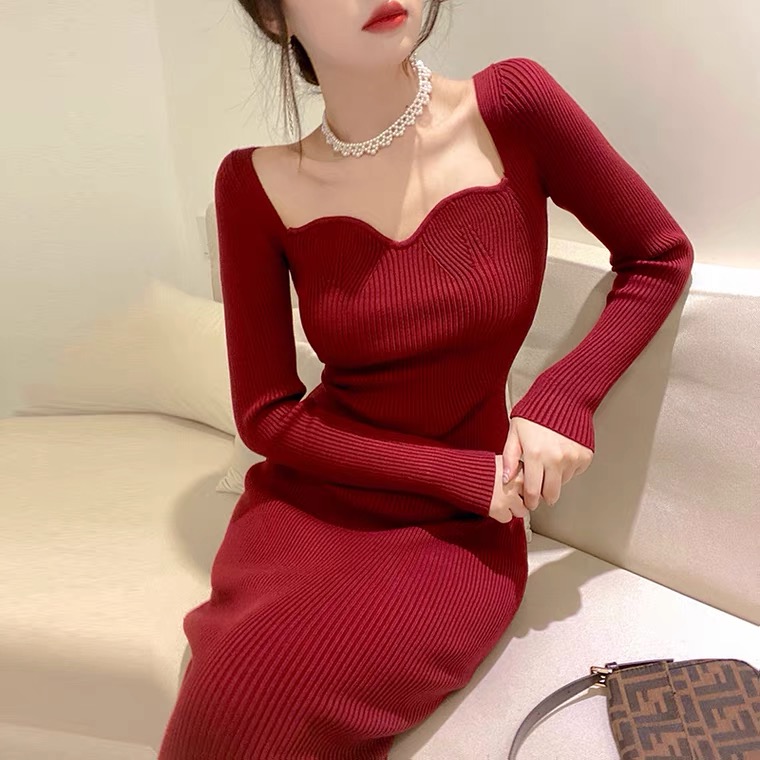Knitted dress women's autumn and winter 2021 new style inside with temperament medium long over knee slim sweater bottom skirt