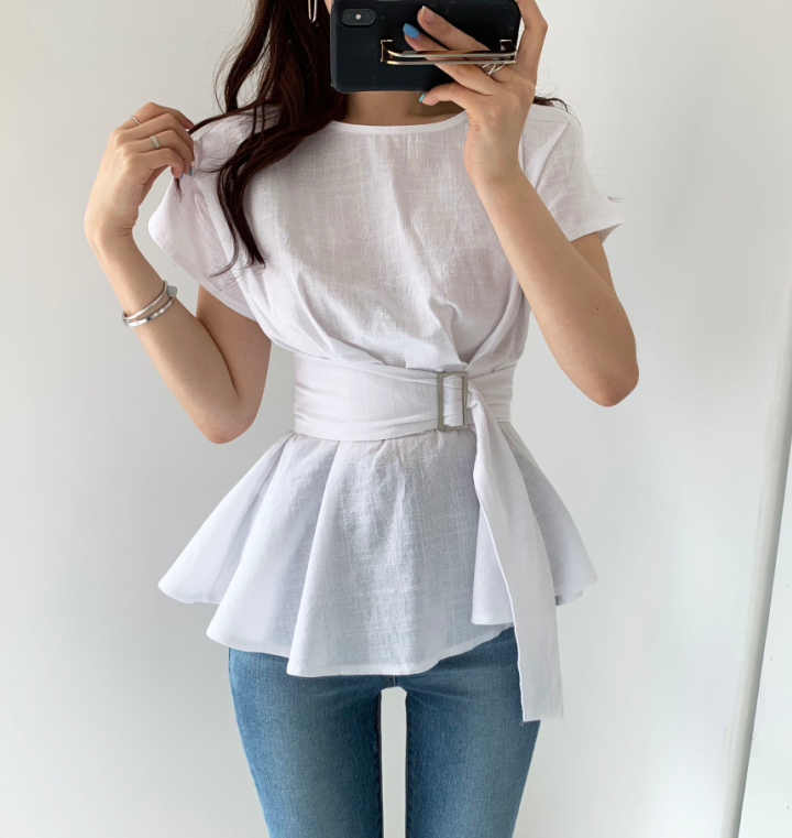 Chic elegant temperament summer new niche Ruffle hem belt show thin short sleeve shirt