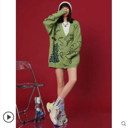 Korean version of the tide brand cartoon dinosaur cardigan sweater men's trend high street all-match ins loose hip-hop sweater