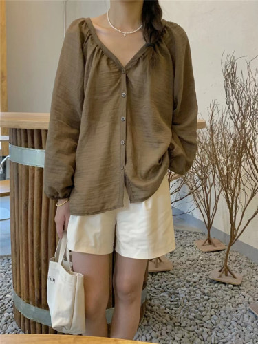 Real shooting autumn sweet and gentle V-neck button fashion loose Lantern Sleeve Tencel Shirt Top Women