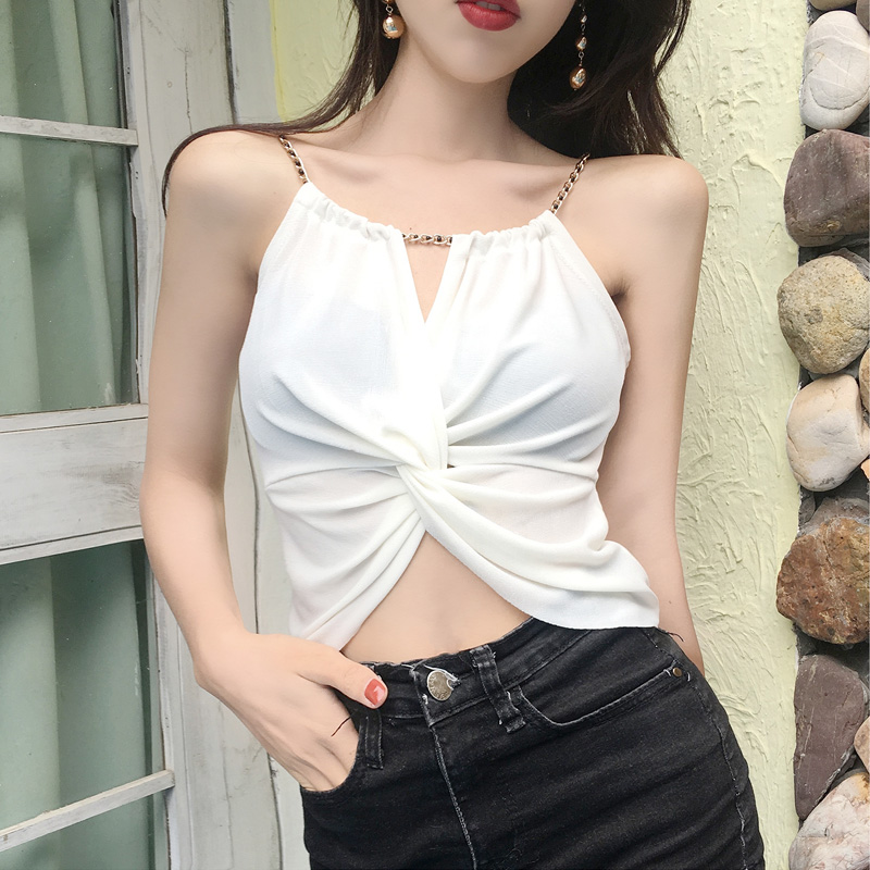 Short tops women's halter neck metal chain kink vest small public wear high waist exposed navel tube top small suspenders