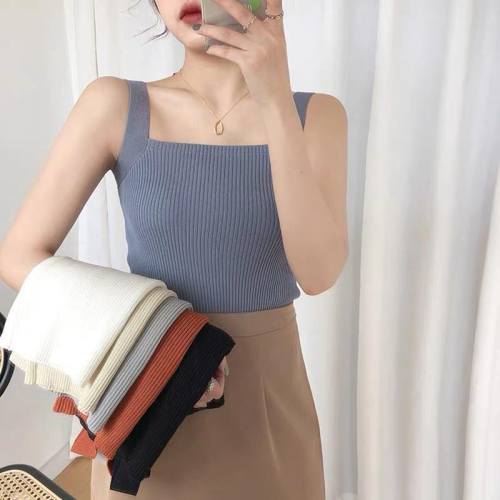 Summer Korean version of solid color short style with tank top, T-shirt, women's base coat, students' little suspender top, sexy outside