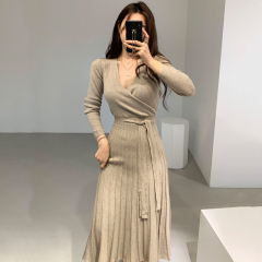 Korean Chic French V-neck cross slim bandage high waist shows thin pleated long over knee knitted dress for women