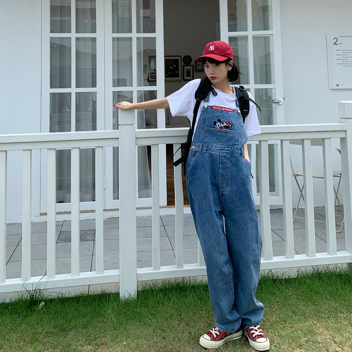 Korean x2 same 2021 autumn winter loose aging Mickey embroidery lovely foreign style cowboy suspenders wide leg pants