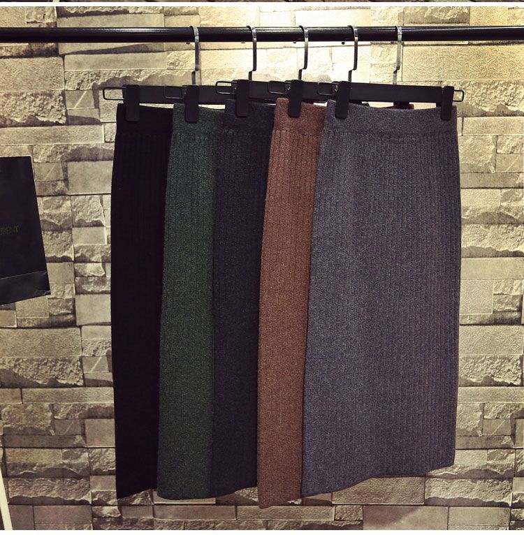 Knitted skirt women's autumn and winter long skirt bag hip skirt one step skirt mid-length slit woolen skirt all-match bag skirt