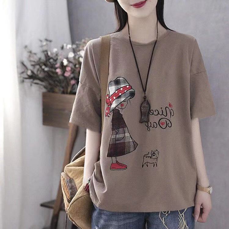 Cotton short sleeved T-shirt women's summer new casual printing literary five sleeve loose style versatile top women