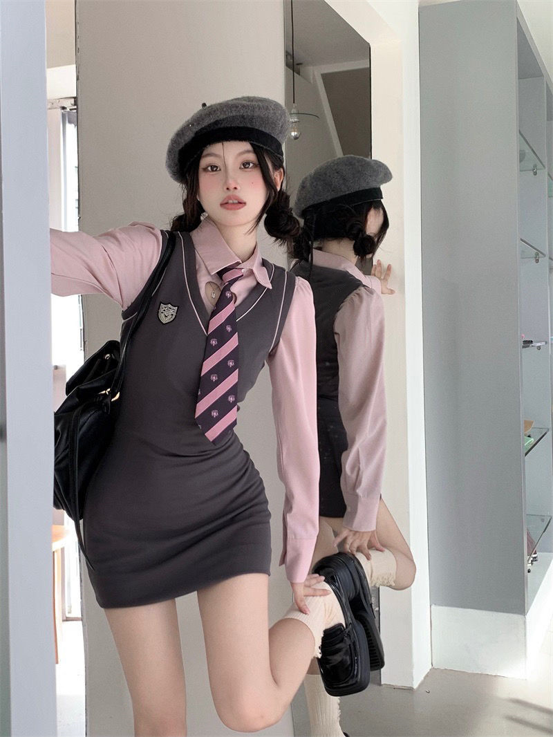 Pure desire style hot girl bag hip skirt college style dress fake two pieces of sweet spring and autumn niche foreign style pure skirt