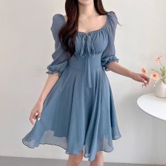 Korean chic summer new French square collar exposed clavicle bubble sleeve lace up dress