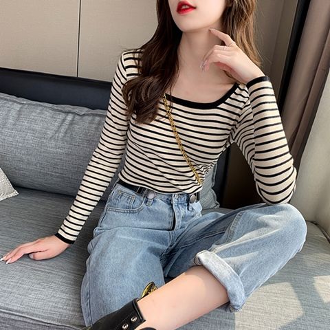 Spring and autumn 2020 new style striped knitwear square neck slim bottoming shirt