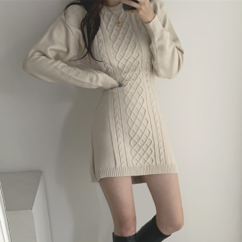 South Korea ins autumn and winter air round neck diamond pattern careful machine backless slimming slim bag hip knitted dress female