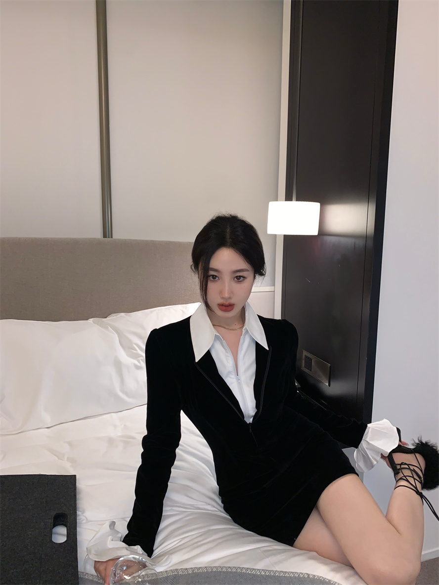 Real shot fake two-piece velvet dress autumn and winter short shirt dress long-sleeved design puff sleeve skirt