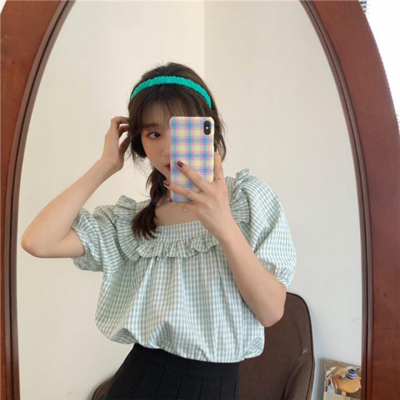 Small fresh girl student plaid puff sleeve top summer new loose collarbone square collar short-sleeved shirt female