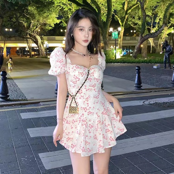 Floral short sleeve dress Summer Angel bubble sleeve princess skirt 2021 summer new off shoulder short skirt