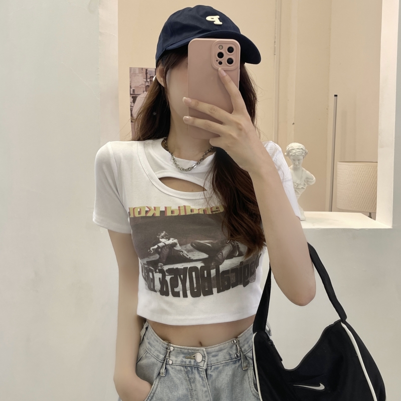 Real shot pull frame sweet hot girl short-sleeved T-shirt female print hollow niche short top