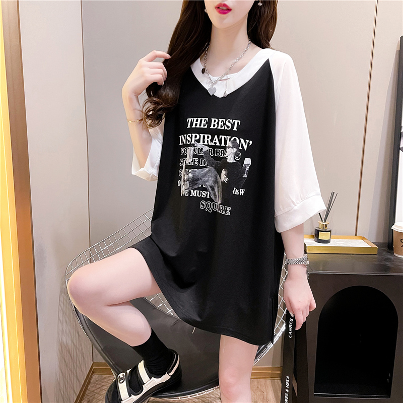 Fried street summer design feeling back wrap collar cotton V-neck Chiffon stitching medium long loose short sleeve T-shirt women