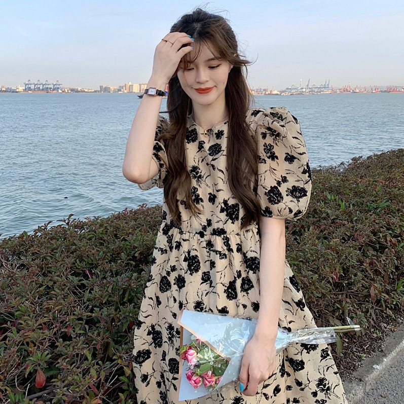 French retro floral temperament fashion puff sleeve dress women's summer new high waist thin all-match mid-length skirt