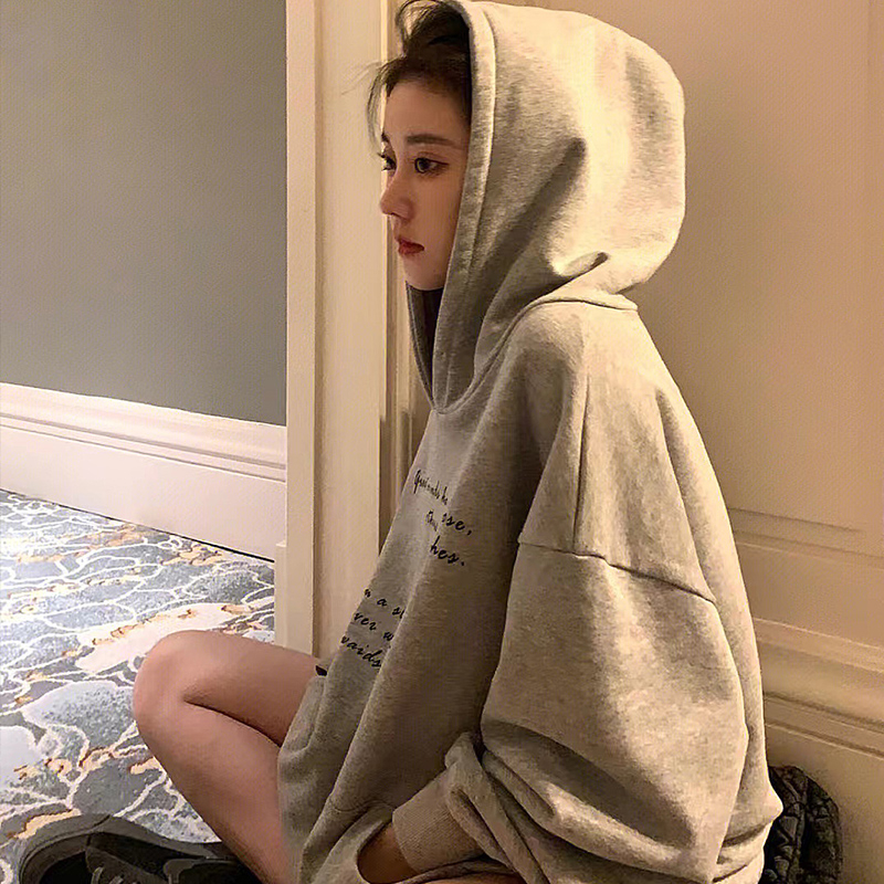 Fish scale little red book front printing autumn new product thin shoulder loose hooded sweater women