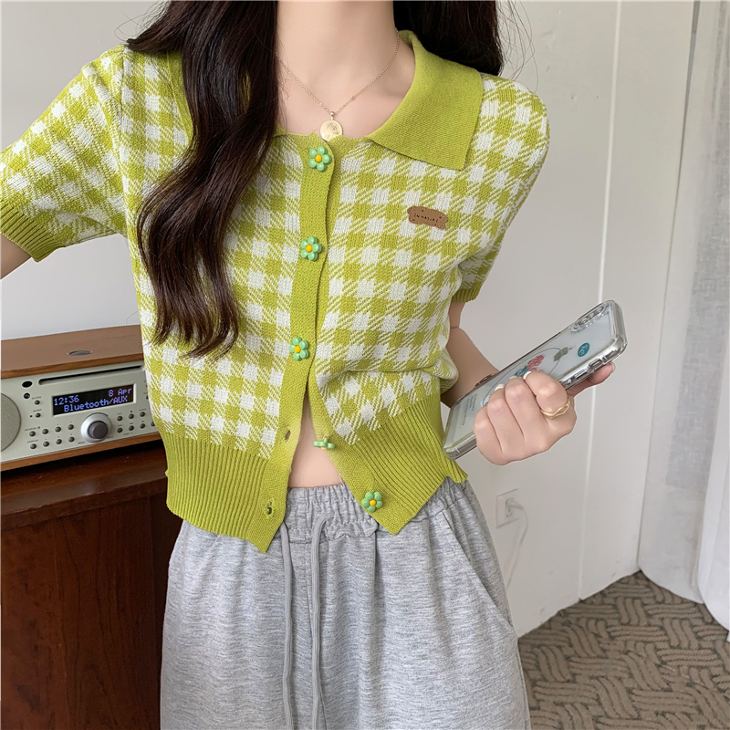 Real shooting and real price Korean soft small fragrance versatile Plaid short sleeved sweater