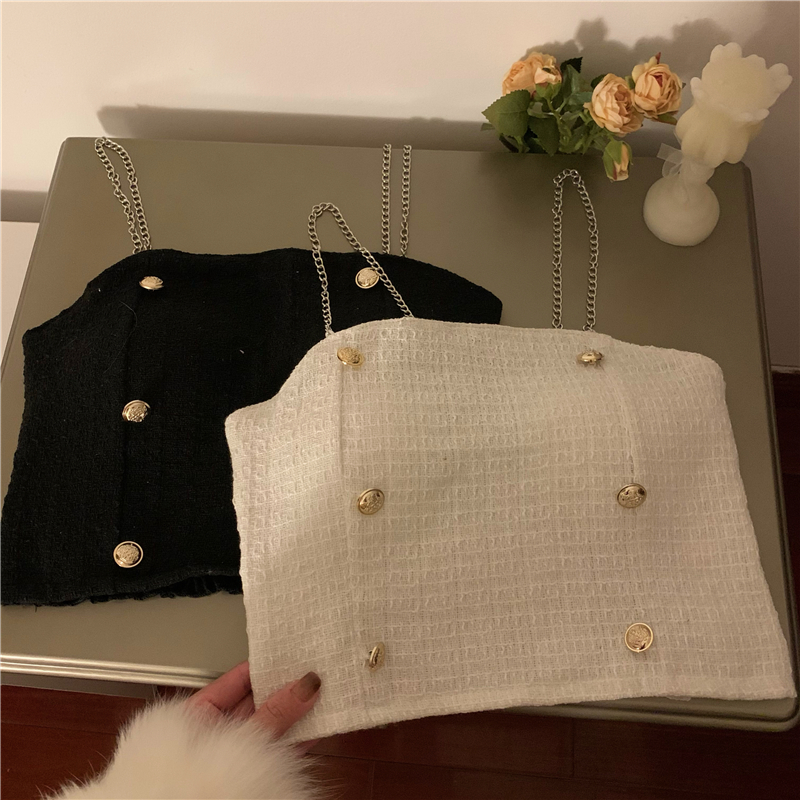 Real price real shot Black and white small fragrance camisole sweet hot girl with a design sense of pure desire to wear a top