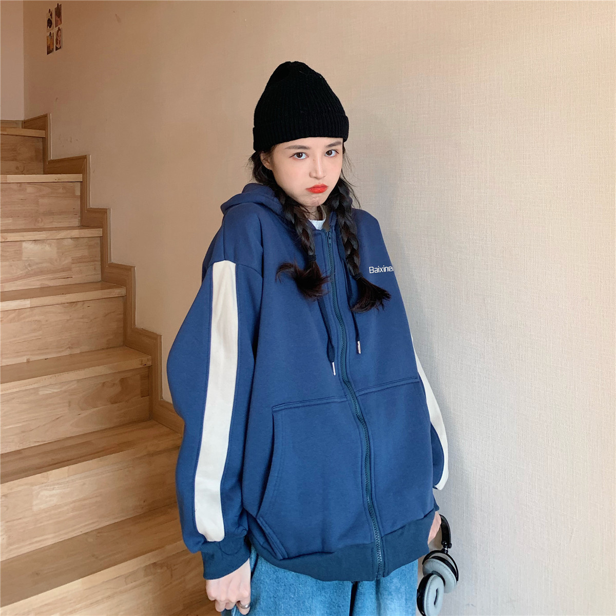 Real shot ~ New Korean version of 250g fleece thickened zipper cardigan hooded student loose coat sweater female