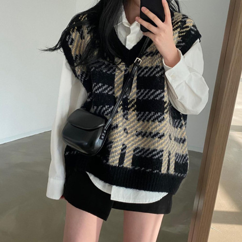 Western style Plaid large V-neck T-shirt women's  spring and autumn new European products wear versatile sweater jacket