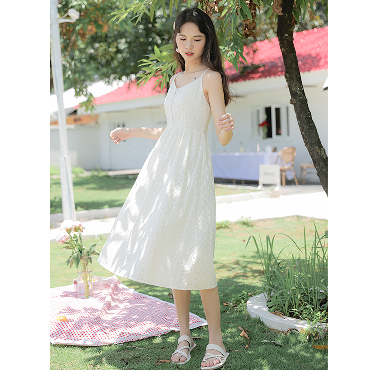 Real shot French retro waist closing thin cotton embroidered lace suspender Dress Medium Length 2022 NEW