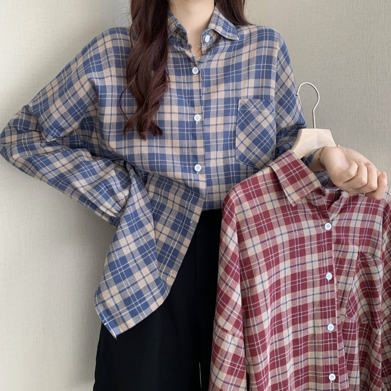 Real price Korean retro simple loose check long sleeve shirt women's sunscreen jacket