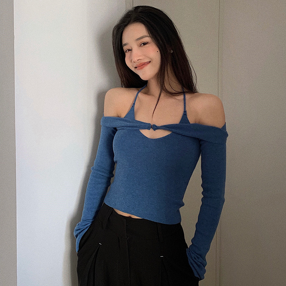 Left women's knitted suspender 2022 spring new song Zhiya same Vest + sleeve two-piece suit