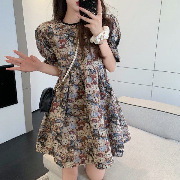 Official figure summer new retro bear bubble sleeve dress niche design first love tea break skirt