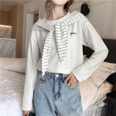 Korean Dadongmen fall 2020 new women's stripe patchwork shawl leisure college style long sleeve fashion T-shirt