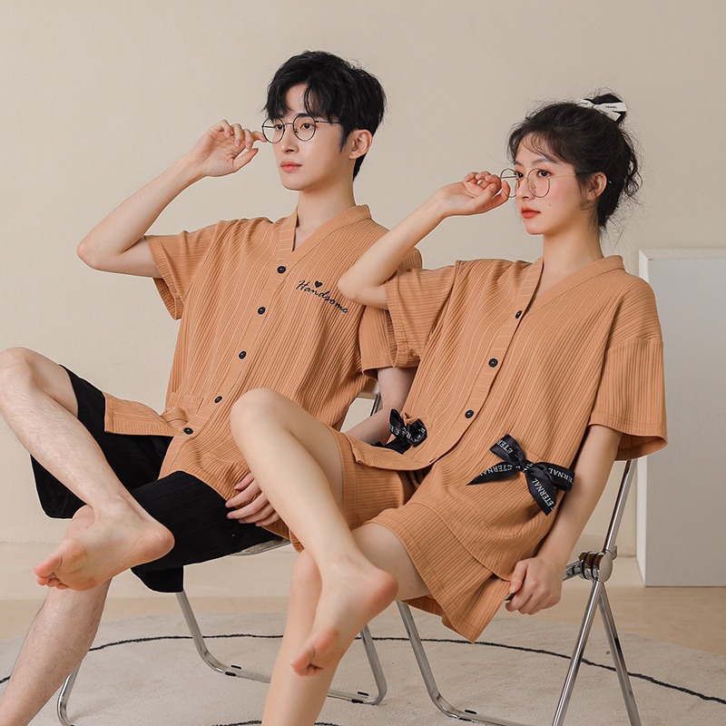 Couple pajamas summer Korean cartoon cardigan kimono men's short sleeve suit cotton home clothes sweet