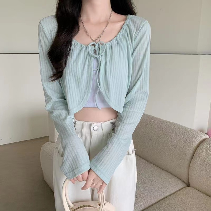 Ice silk 2023 spring and summer simple and all-match lace women's thin sun protection clothing cardigan top can be worn with long sleeves