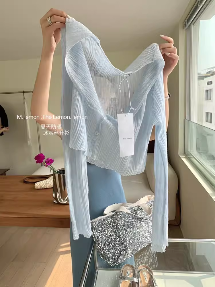 Mint green small waistcoat ice silk knitted sun protection cardigan for women summer thin suspender skirt with short air-conditioning blouse