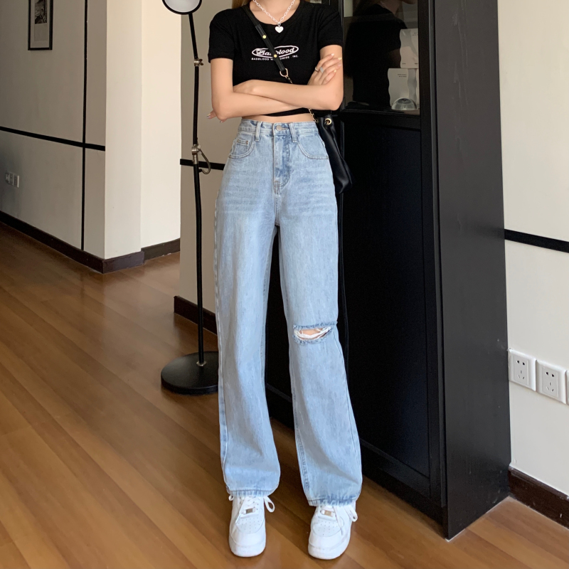 Real price 2021 summer new high waist slim loose straight cut jeans