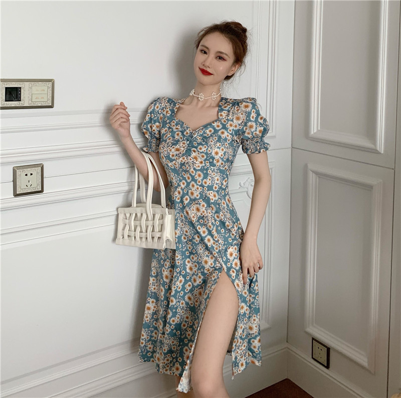 Real picture oil painting style flower show thin split dress real price