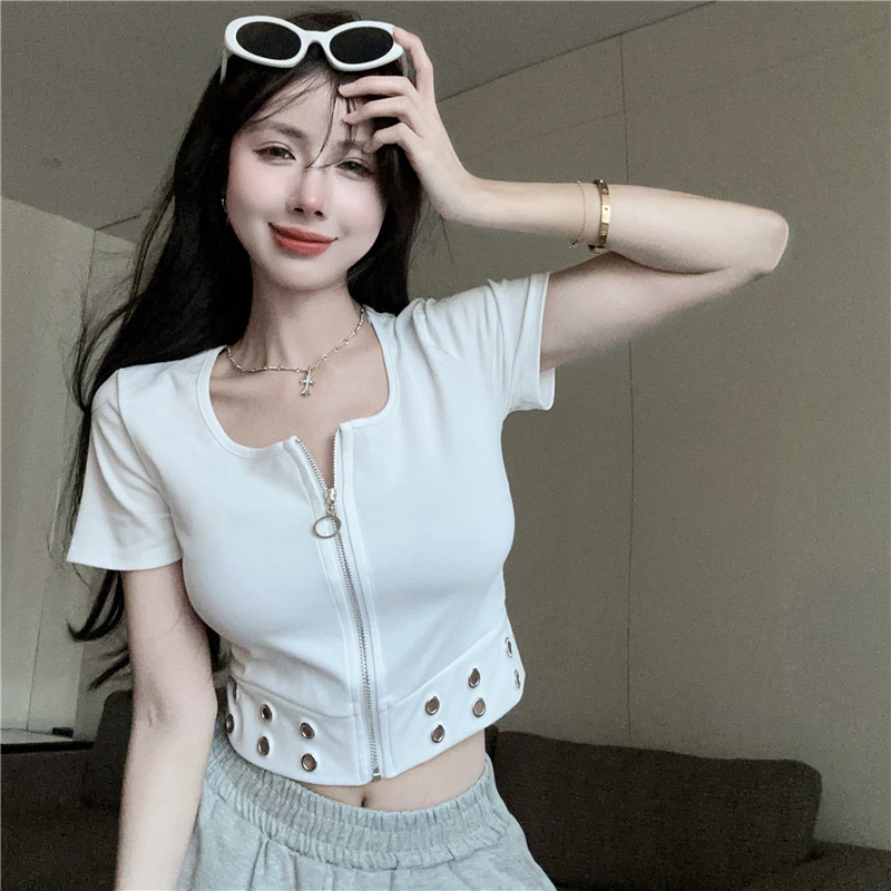 Cotton summer 2023 new design temperament girl slim zipper square collar