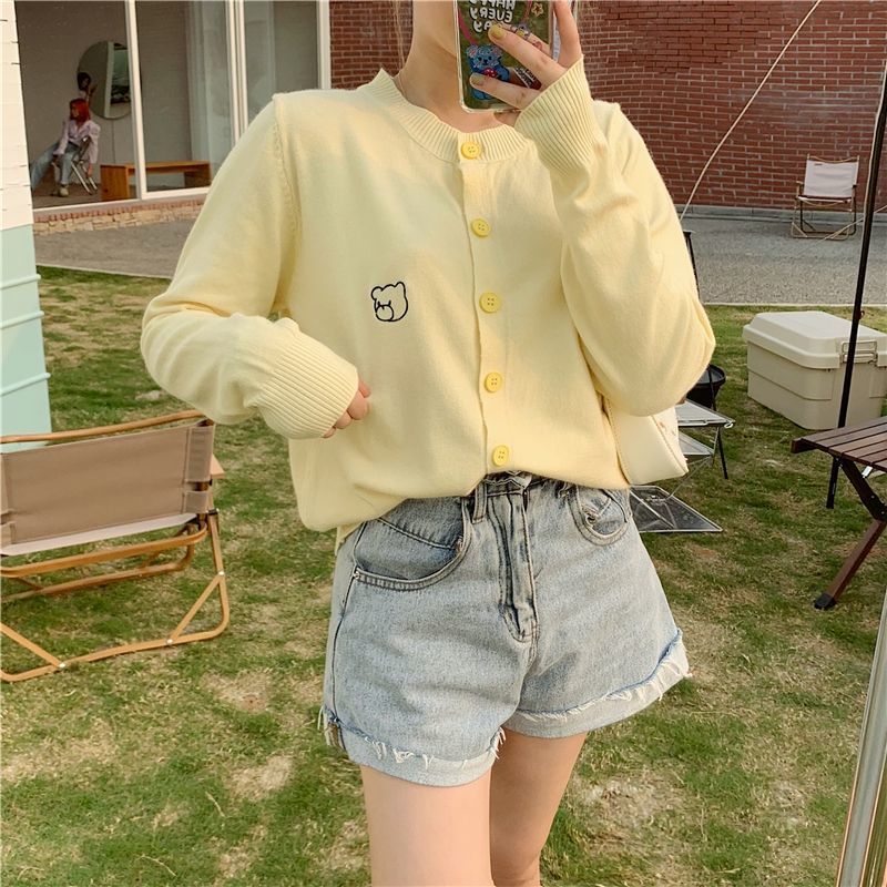 Little bear knitted cardigan spring autumn thin style with sunscreen coat 2021 new gentle style long sleeve short top