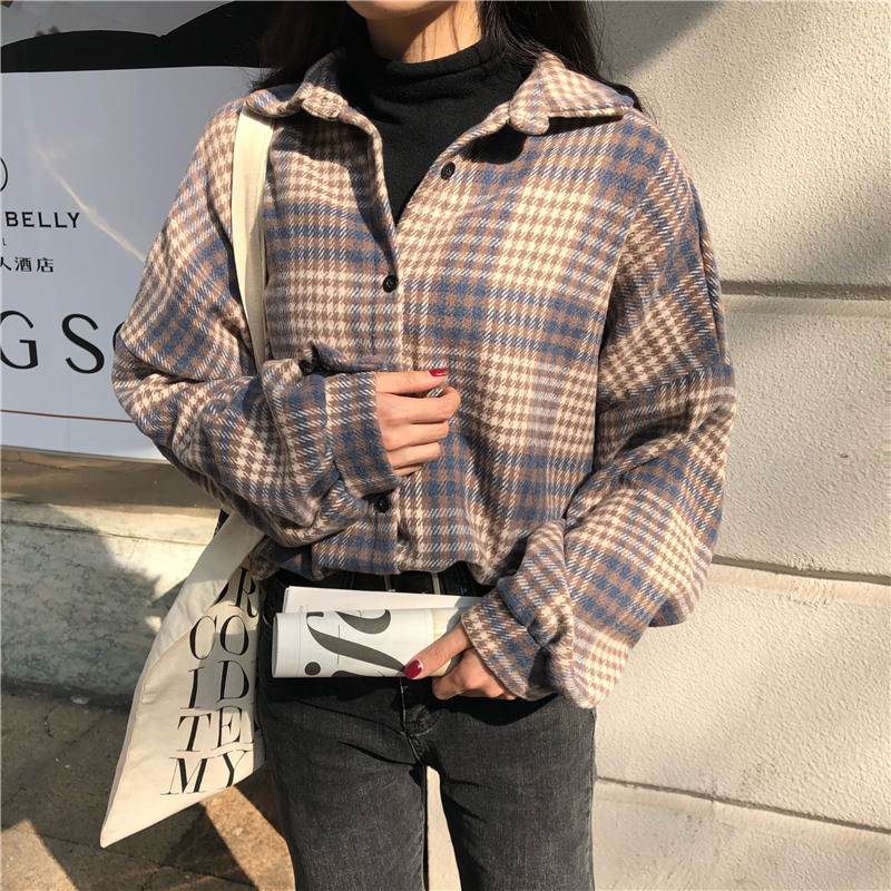 Real price winter new Korean Plaid Shirt women's versatile loose and thin coat college style long sleeves