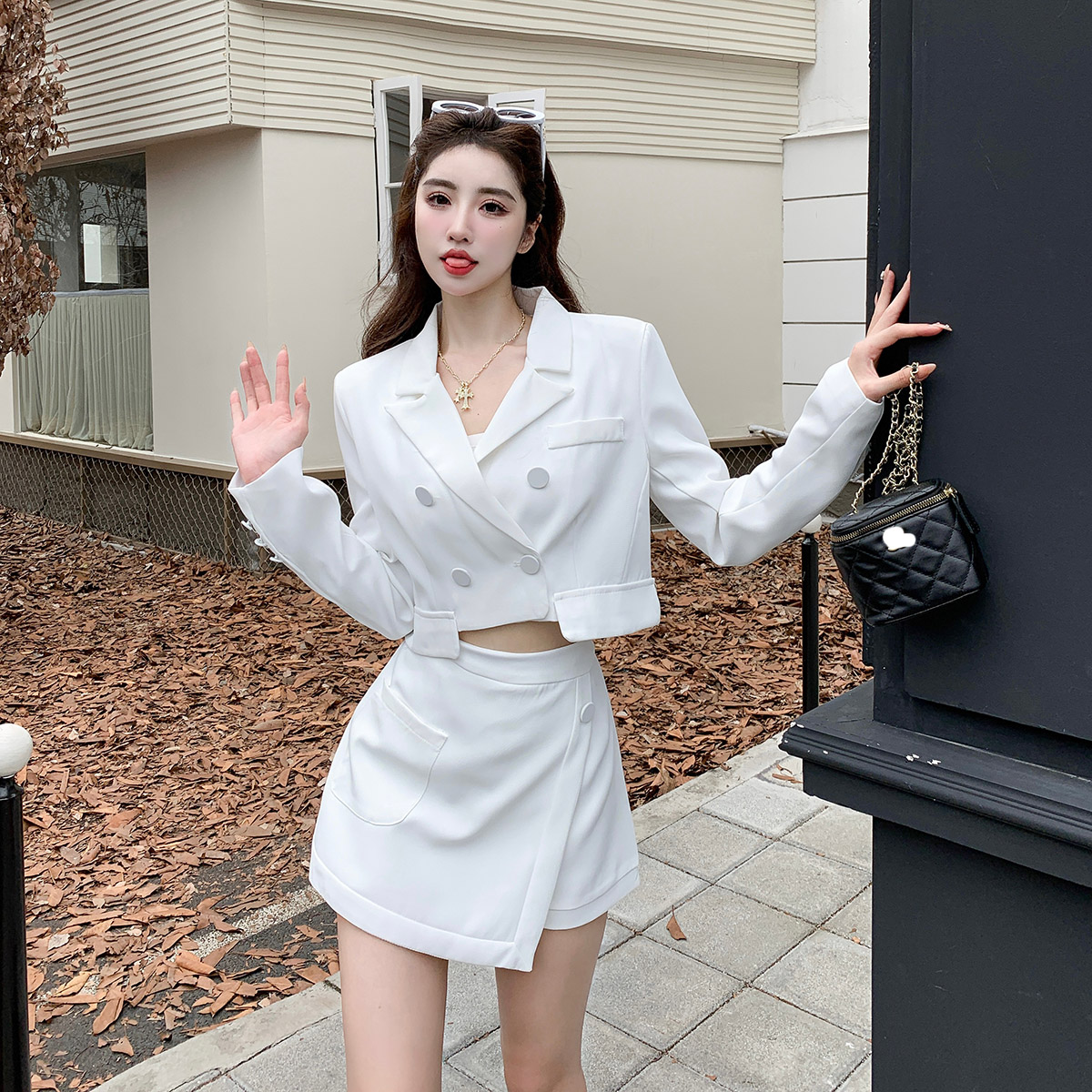 實拍套裝裙赫本風炸街小個子甜辣妹時尚西裝裙褲套裝