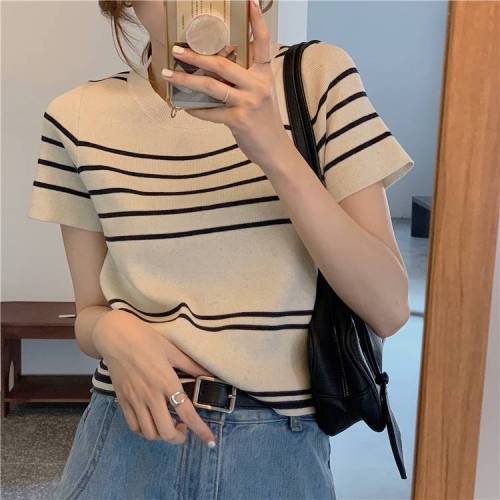 Summer  new T-shirt women's thin versatile contrast striped knit blouse slim fit short top ins fashion