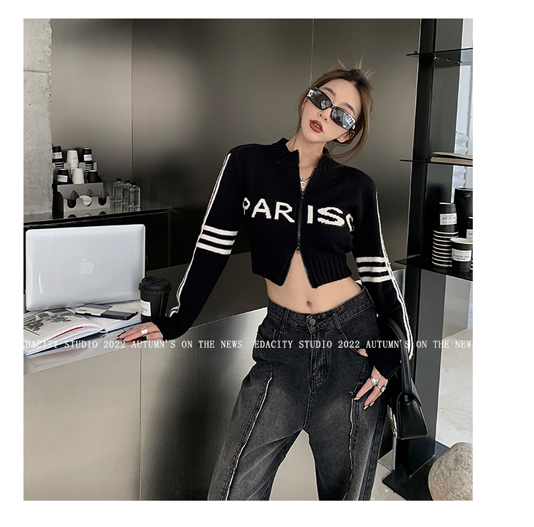 EDACITY Black Short Sweater Women's Design Sense Small Slim High Waist Double Zipper Knit Sweater 2022 Autumn and Winter