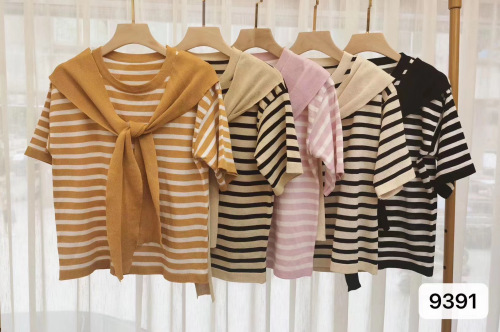 Summer Korean new loose round neck patchwork shawl stripe student short sleeve T-shirt women's wear