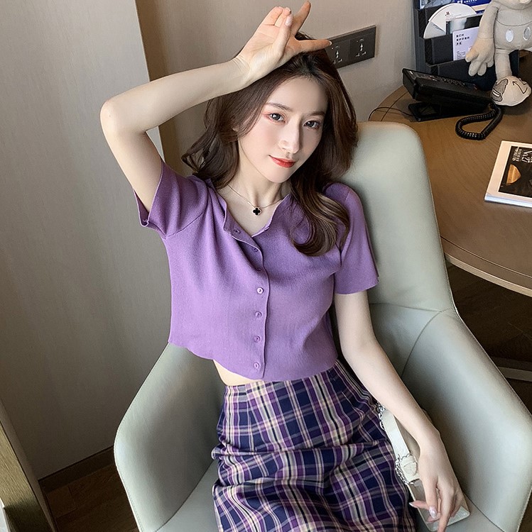 Purple short Knitted Top Women's clothing 2020 spring thin lazy WindNet red short sleeve cardigan small coat