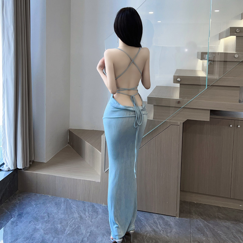 Real shot ~ Sexy open back lace up dress suspender dress foreign trade neck dress women