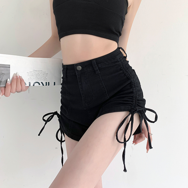 Pure desire drawstring denim shorts women's summer high waist slimming sexy hot girls hot pants 2023 new a-line pants