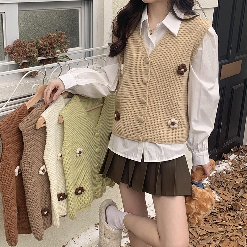 Real price solid color V-neck cardigan knitted vest jacket women's all-match sleeveless top trendy