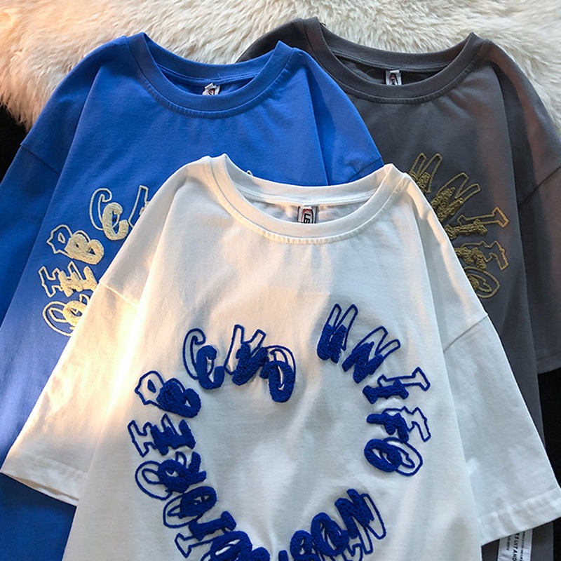 6535 cotton Summer Short Sleeve T-Shirt women's towel embroidery 2022 new embroidery loose thin top