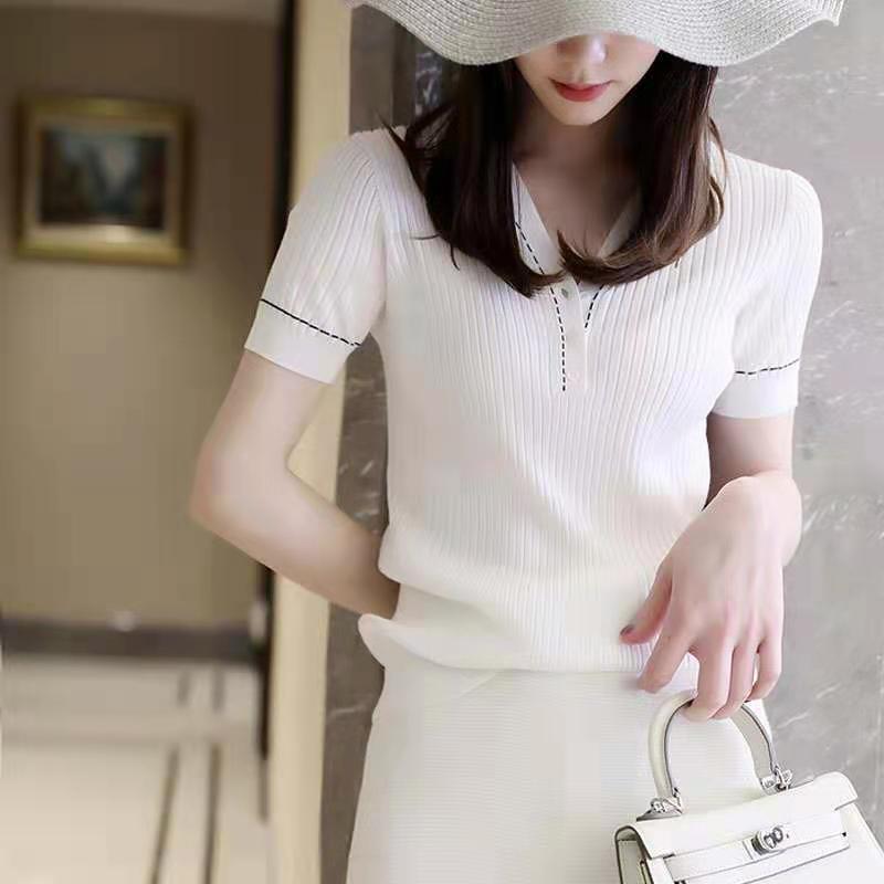 Ice silk short sleeve t-shirt female summer new versatile white thin collar T-shirt slim top female